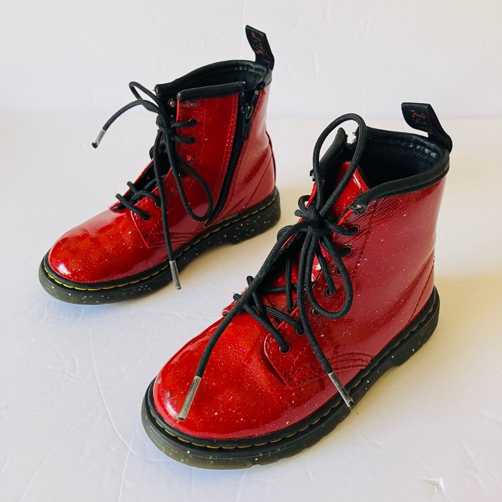 Doc Dr. Martens Junior 1460 Red Cosmic Glitter Side Zip Lace Up Boots SIZE US 10